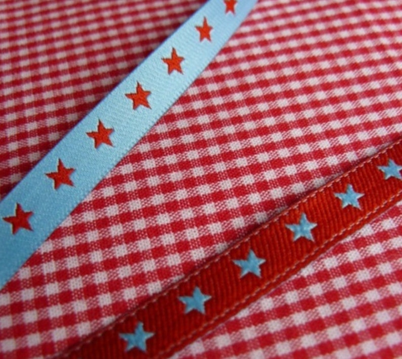 1 m woven ribbon with star, star, light blue-red, width 7 mm image 2