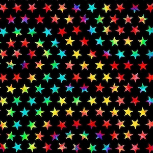 Könnte beinhalten: Ein schwarzer Hintergrund mit einem sich wiederholenden Muster aus bunten Sternen. Die Sterne sind in Rot-, Orange-, Gelb-, Grün-, Blau- und Violetttönen gehalten.