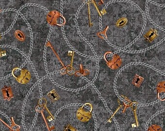 Baumwollstoff Schlüssel Schlösser Steampunk grau Taschen Kissen nähen Patchwork Blank Quilting 0,5 m