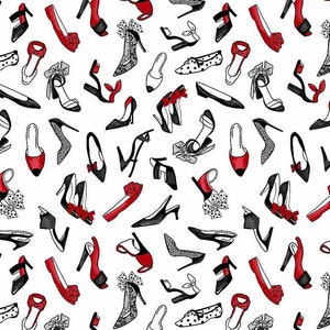 May include: A seamless pattern featuring a variety of black and white shoes with red accents. The shoes are drawn in a simple, cartoon style and include pumps, sandals, and flats.
