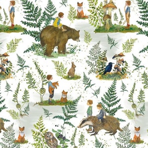 Cotton Children's Fox Bear Badger, Ravens, Mushrooms, Rabbits, Grasses, Ferns, Flowers, Acufactum, Fabric, 1.45 m wide, 0.30 m