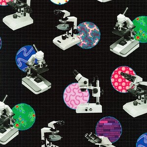 Puede incluir: Un fondo negro con un patrón repetido de microscopios y círculos coloridos. Los microscopios son blancos con detalles negros y los círculos tienen diferentes patrones y colores, incluyendo rosa, azul, verde y rojo.