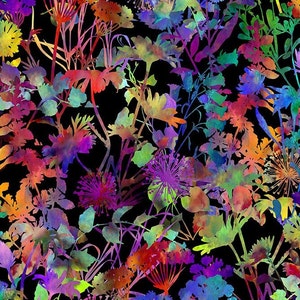 Könnte beinhalten: Ein schwarzer Hintergrund mit einem bunten Blumenmuster. Die Blumen sind in Schattierungen von Rosa, Lila, Blau, Grün, Orange und Rot. Die Blumen sind vor dem schwarzen Hintergrund silhouettiert.