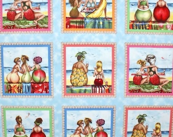 FRUIT LADIES 15 motifs panel, fruits, women, ladies, fruit, picnic, sand, pears, apples, bananas, cotton fabric, patchwork fabric, fabric