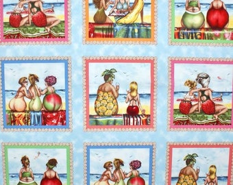 Baumwolle FRUIT LADIES 15 Motive Panel, Früchtchen, Frauen, Obst, Picknick, Birnen, Apfel, Bananen, RELAX, nähen, Patchworkstoff,Stoff