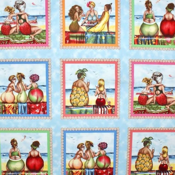 FRUIT LADIES 15 Motive Panel, Früchtchen, Frauen, Ladies, Obst, Picknick, Sand, Birnen, Apfel, Bananen, Baumwollstoff,Patchworkstoff,Stoff