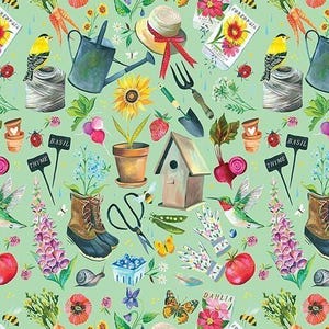 Puede incluir: Un fondo verde con una variedad de ilustraciones de temática de jardinería.  Hay flores, plantas, herramientas, una casita para pájaros, un colibrí, una abeja, un caracol, una mariposa, un par de botas, una regadera, un girasol, una cesta de arándanos, un tomate, un par de guantes de jardinería, un carrete de cuerda, un paquete de semillas y un paquete de semillas de albahaca.  El texto "DAHLIA", "BASIL", "THYME", y "FOR ZOP SIS" es visible en la imagen.