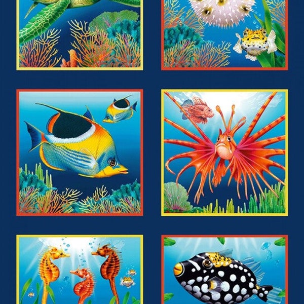 Baumwolle KORALLENRIFF Schildkröten Seepferdchen Kugelfische, Fische, Korallen, Meerwasserfische, Maritim, Panel, nähen, Stoff