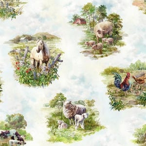 Tessuto di cotone con motivo fattoria acquerello – Hoffman Homestead Memories, cavallo mucca pecora pollo maiale, tessuto patchwork con stampa digitale al metro, 0,5 m