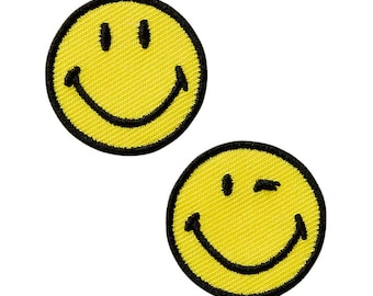 2 Smiley, Smiley, Emoji, Zwinkersmiley, fröhlicher Smiley, Patches, Bügelbilder, nähen, Flicken