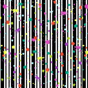 Cotton fabric stripes, splash, splatter, blobs, multicolor, rainbow colors, black and white, graphic, sewing, fabric, 0.50 m
