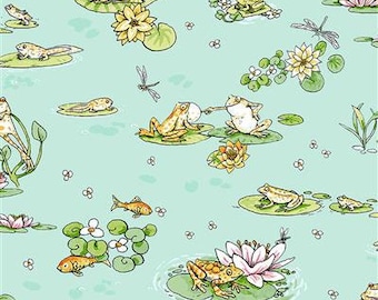 Sewing cotton frogs water lilies tadpoles, frog, frogs, dragonflies, fish, fabric, patchwork fabric, 0.50 m