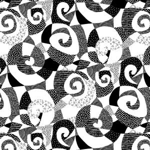 May include: Black and white abstract pattern featuring swirling shapes and geometric segments. The design incorporates various textures, including dots, lines, and solid black areas, creating a dynamic and visually engaging composition. This pattern is suitable for fabric or wallpaper.