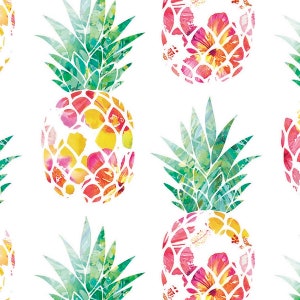 May include: A seamless pattern featuring watercolour pineapples with a tropical floral design. The pineapples are yellow, pink, and green with a white background.