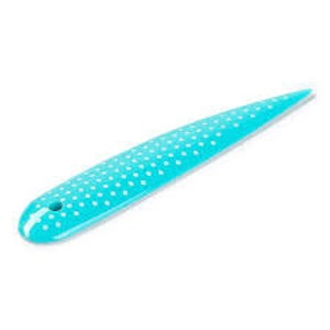 May include: A turquoise blue plastic tool with a pointed tip and a textured surface. The tool has a small hole at the top and a rounded end.