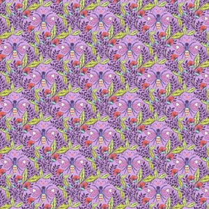 Może przedstawiać: Wzór bez szwów z powtarzającym się motywem stylizowanych pszczół z skrzydłami, kwiatami i liśćmi na jasnofioletowym tle.