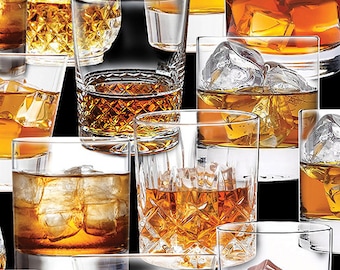Tela de algodón "Whisky con hielo" (vasos, bebidas y cubitos de hielo): elegante tela patchwork para decoración de bares, bolsos e ideas creativas de costura, 0,5 m