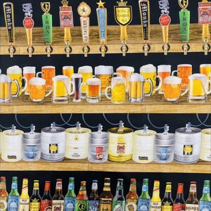 Peut inclure: Illustration détaillée d'une scène de bar avec des tireuses à bière, des chopes, des fûts et des bouteilles. Les tireuses affichent différentes marques de bière, tandis que les chopes sont remplies de bière mousseuse. Des fûts et des bouteilles de bière sont également visibles.