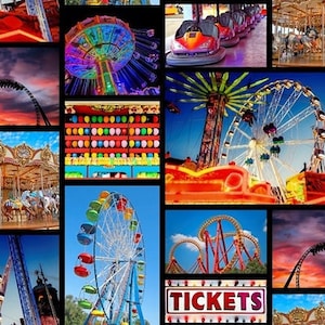 Baumwolle Volksfest, Vergnügungspark, Freizeitpark, Autoscooter, Riesenrad, Achterbahn, Karussell, Markt, nähen, Patchworkstoff, Stoff,0,50m