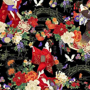Baumwollstoff  Japanischer Garten   METALLIC Geisha, Kimono, Kranich, Blumen, Blüten, Tempel, Laterne, nähen, Webware, Stoff, 0,65m