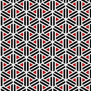 Op de afbeelding: Een naadloos patroon met een geometrisch ontwerp bestaande uit zwarte en witte lijnen die driehoeken en zeshoeken vormen met rode driehoeken in het midden van elke zeshoek.