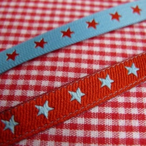 1 m woven ribbon with star, star, light blue-red, width 7 mm image 1