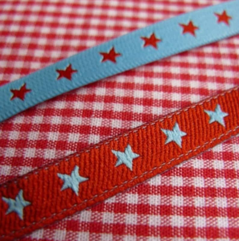 1 m woven ribbon with star, star, light blue-red, width 7 mm image 1