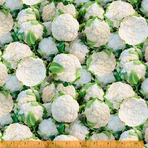 Op de afbeelding: Een close-up afbeelding van een stof met een herhalend patroon van witte bloemkoolroosjes op een groene achtergrond.