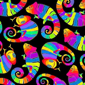 Könnte beinhalten: Ein sich wiederholendes Muster aus bunten Chamäleons auf schwarzem Hintergrund. Die Chamäleons sind in leuchtenden Farben wie Pink, Gelb, Grün, Blau und Lila dargestellt. Ihre Schwänze sind eingerollt und sie haben lächelnde Gesichter. Das Design ist verspielt und visuell auffällig.