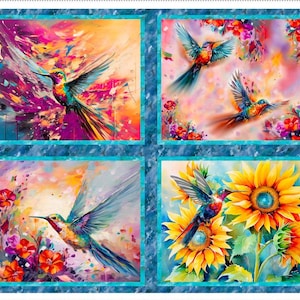 Op de afbeelding: Een levendig, artistiek paneel met vier vierkanten met illustraties van kolibries. Elk vierkant toont een andere scène met kolibries, bloemen en kleurrijke achtergronden in roze, oranje, geel en blauw. Het paneel is omlijst met een turquoise rand.