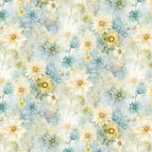 Könnte beinhalten: Ein Aquarell-Blumenmuster mit cremefarbenen, gelben und blauen Blumen. Die Blumen sind dicht angeordnet und erzeugen eine weiche, verträumte Ästhetik. Der Hintergrund hat einen verschwommenen Aquarelleffekt. Das Design wirkt zart.