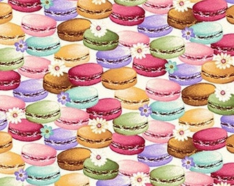 Tessuto di cotone MACARONS pasticceria da forno, dolci, fiori, cucito, cotone, tessuto, 0,50 m