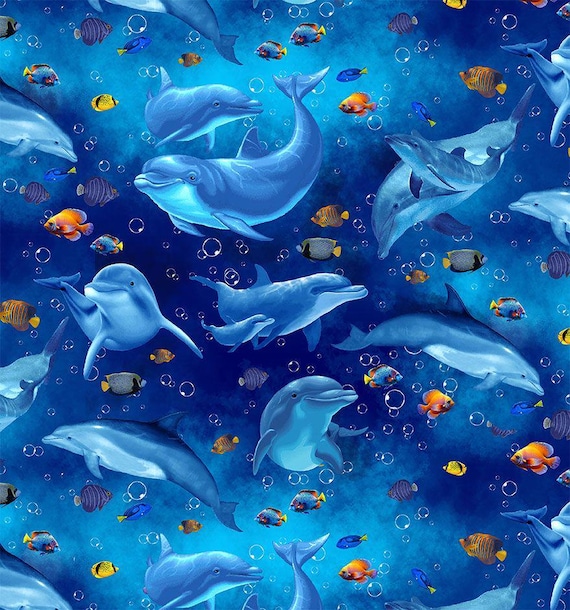 Baumwollstoff Delfine maritim Fische Patchwork Taschen Kissen Digitaldruck Meterware 0,5 m