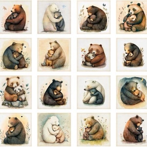 Tissu en coton « Câlins d'ours » – Panneau de 0,90 m orné de 16 motifs d'oursons et de câlins, de la marque QT Fabrics, idéal pour le patchwork, les couvertures pour bébé, la décoration de chambre d'enfant et les projets DIY.