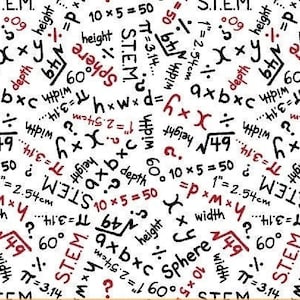 Könnte beinhalten: Weißer Hintergrund mit einem sich wiederholenden Muster aus mathematischen Symbolen, Gleichungen und dem Wort "S.T.E.M." in Schwarz und Burgunderrot. Enthält Symbole für Höhe, Breite und Tiefe.