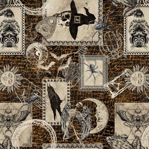 Cotton fabric owls moon sun moths, toads, eye, ravens, beetles, bats, spiders, skeleton, gothic, sewing, fabric, 0.50 m