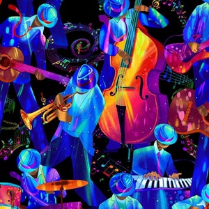 Op de afbeelding: Een kleurrijke illustratie van een jazzband die muziek speelt. De bandleden dragen blauwe en zwarte pakken en hoeden. De instrumenten omvatten een trompet, een contrabas, een gitaar en een keyboard. De achtergrond is zwart met muzieknoten en swirls.