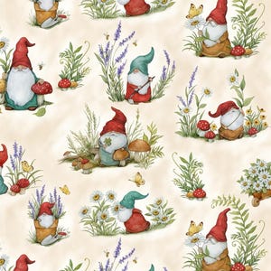 Baumwollstoff Wichtel Blumen – Lavendel Schmetterlinge Pilze, Patchworkstoff Meterware Nähen Taschen Kissen Deko, Savor the Gnoment 0,5 m