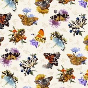 Baumwollstoff BUTTERFLY MEADOW – Schmetterlinge, Falter, Disteln, Sommerblumen, Naturprint, Patchwork, Nähen, Deko 0,50 m