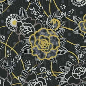 Katoen Silverstone Wishwell, bloemen METALLIC GOUD, bloemen, naaien, patchwork stof, stof, 0,50m