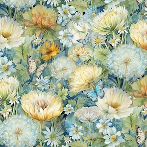 Puede incluir: Patrón floral acuarela con flores amarillas, blancas y azules, y hojas verdes. Mariposas con alas negras y blancas y azules están dispersas por el diseño. El tema general es un jardín.