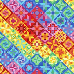 Baumwollstoff Regenbogen Quiltmuster – Bright Quilt Pattern Timeless Treasures Digitaldruck, Patchworkstoff für Quilt, Taschen nähen, 0,5 m