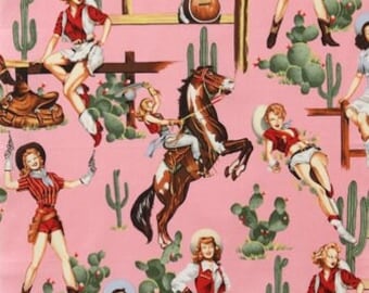 Baumwollstoff Cowgirl Western Pin Up Alexander Henry Pferde Kaktus Lasso Westernstoff Patchworkstoff Nähen Taschen Kissen Deko 0,5 m