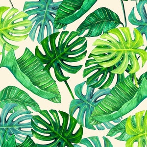 Puede incluir: Un patrón sin costuras con ilustraciones de acuarela de hojas tropicales en tonos verdes. Las hojas están dispuestas en un patrón aleatorio, creando un diseño exuberante y vibrante.