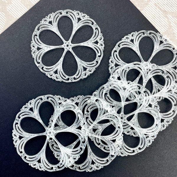 Lucite Jewelry Component 55mm Open Floral Filigree Transparent - Pack of 4