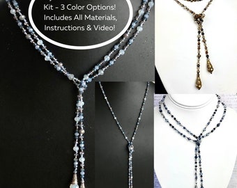 DIY Crystal Lariat Necklace Kit, Over 200 Crystals Three Color Options, Includes Video Tutorial Knotted Silk Lariat - Wear Multiple Ways!