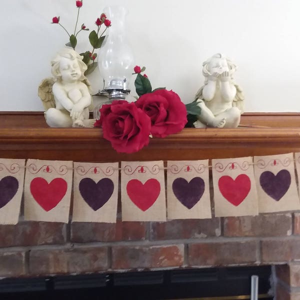 Burgundy and Red Hearts Valentine Hearts Banner, Valentine's Day Banner, Valentines Burlap Banner, Heart Banner,Pink and Red Hearts.