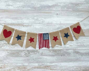 American Flag Burlap Banner, Patriotic Bunting Garland