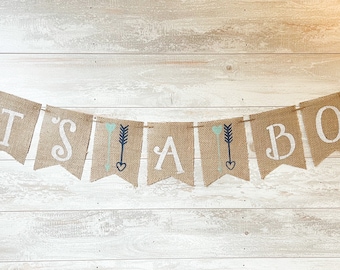 Tribal Burlap Baby Shower Banner, Pfeil Feder Dekor, es ist ein Junge