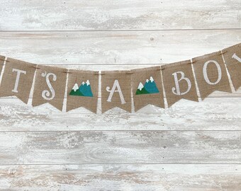 Boho Tribal Baby-Dusche-Dekor, es ist ein Junge Baby-Dusche-Banner, Abenteuer Baby-Dusche-Girlande, Azteken Geschlecht offenbaren, Berg es ist ein Junge